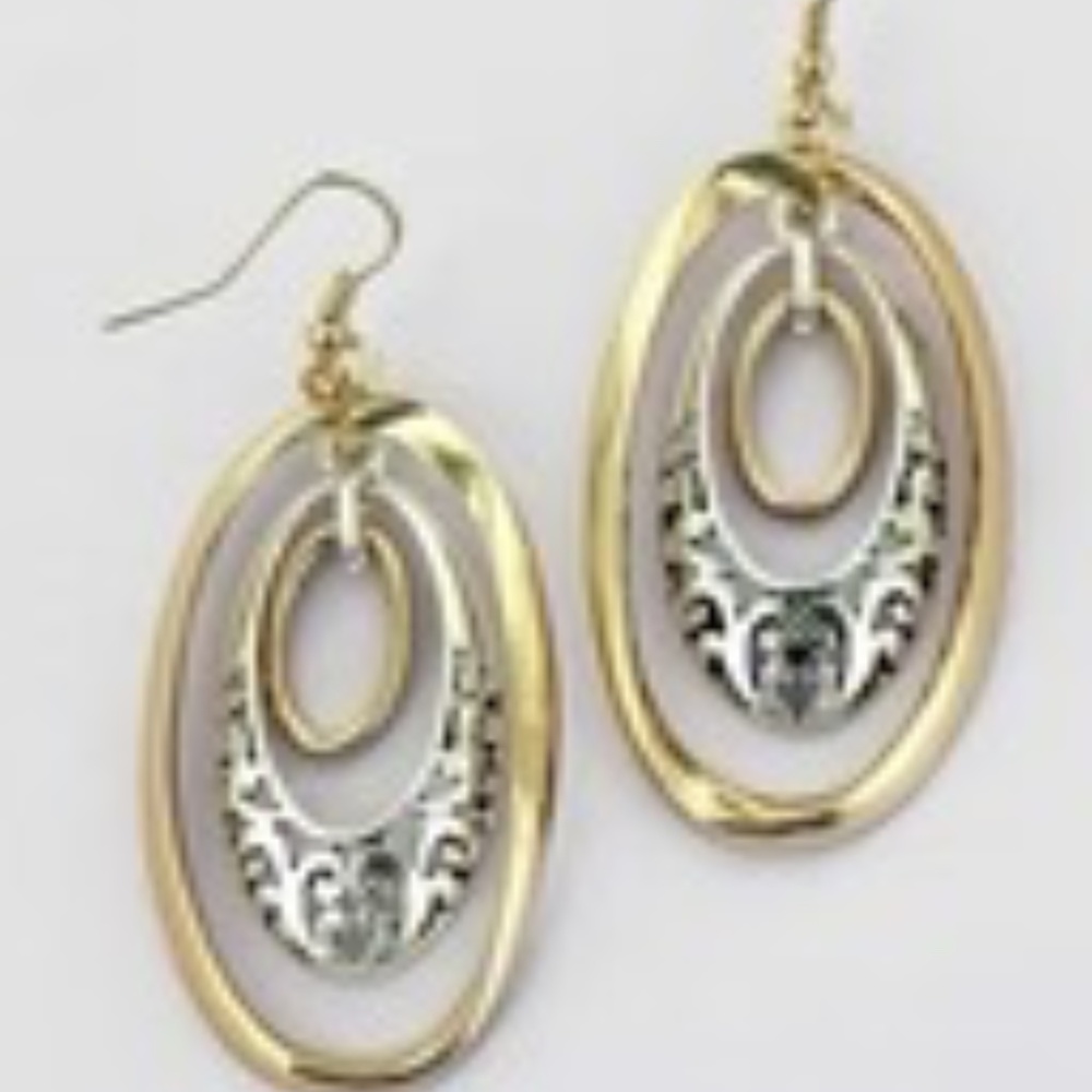 Two Tone Twisting Scroll Triple Oval Earrings
